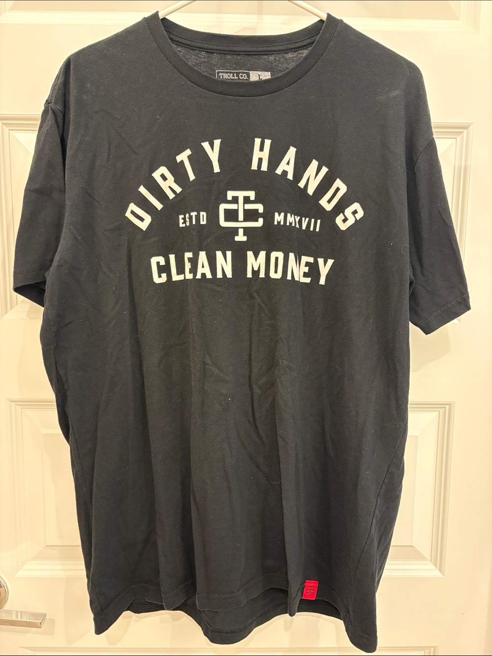 Trolls Black Short Sleeve Tee with White 'Dirty Hands Clean Money' Print